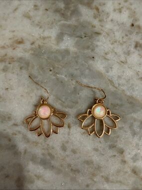 Gold Lotus Dangle Earrings with Pink Opal Center